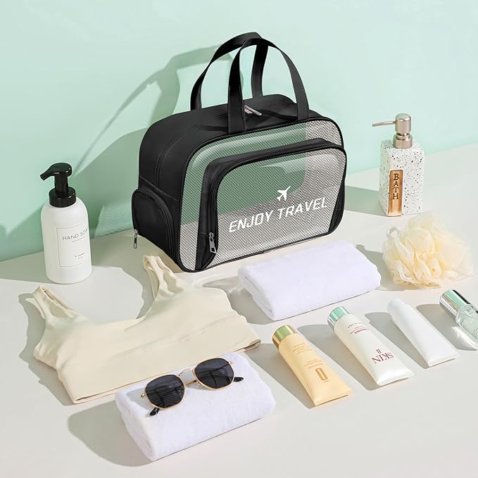 BuyCard Chenille Letter Patch Clear Travel Bags, Preppy PVC&Nylon Makeup Bag with Handle and Zipper, Waterproof Large Clear Travel Toiletry Bag Storage Bag for Women Girls