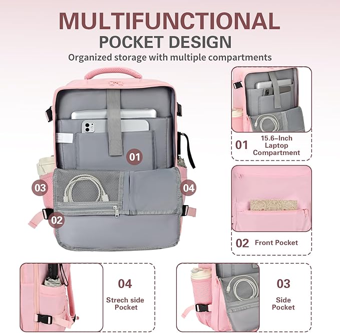 Carry On Backpack for Women & Men – Airline Approved Underseat Size, 15.6" Laptop Compartment, TSA-Friendly 180° Opening, Anti-Theft Business Travel Backpack with Trolley Sleeve(Pink, Medium)