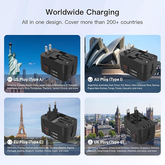 HAPOW Universal Travel Adapter - 1 USB-C & 1 USB-A Fast Charging Travel Charger, Worldwide Plug Adapter for EU UK USA AU, Black