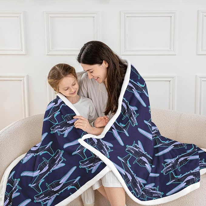 Cartoon Airplane Kids Throw Blanket,American Aircraft Toddler Bed Blanket for Girls Boys Adults,Hand-Painted Air Plane Fleece Blanket,Dark Blue Chic Fuzzy Blanket,Throw Size (50 x 60 Inches)