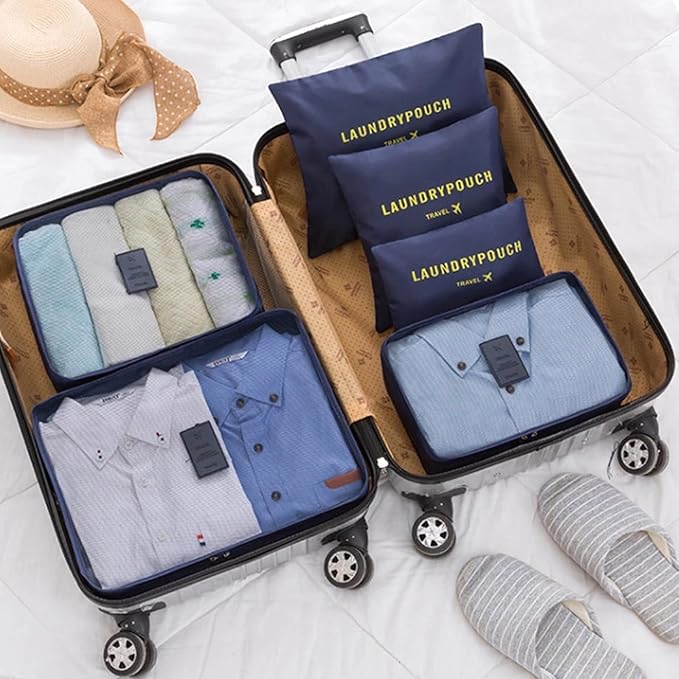12 Set Travel Packing Cubes Luggage Packing Bags Reusable Lightweight Suitcase Organizer Cubes Set for Travel Accessories (Deep Blue+Grey)
