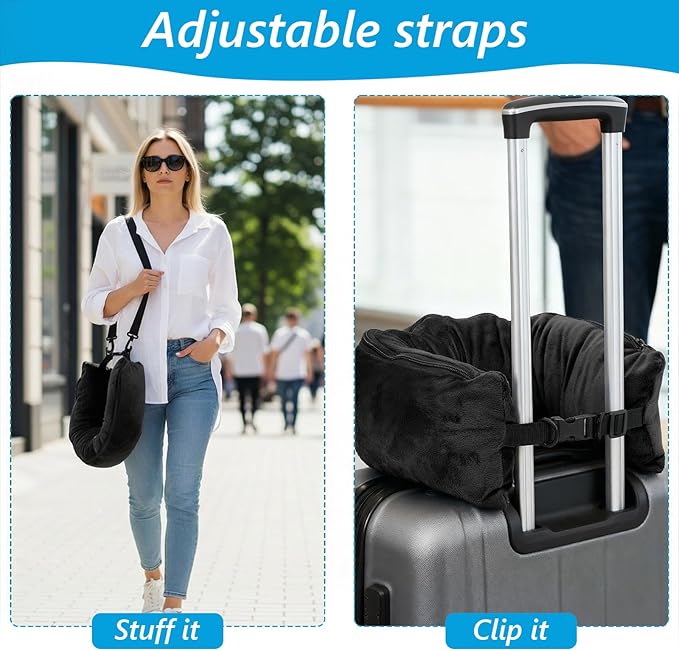 Stuffable Travel Neck Pillow Velvet Stuffable Pillow for Traveling Neck Pillows for Extra Luggage with Adjustable Necks Size Portable Travel Essentials Multifunctional Sleeping Rest Cush(Black)