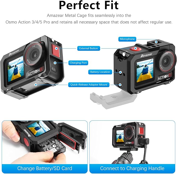 AMAZEAR Metal Cage for DJI Osmo Action 5 Pro,DJI Action3/4/5 Pro Premium Accessories Multifunction Protective Frame Case Aluminum Housing Camera Expansion Protector, Black