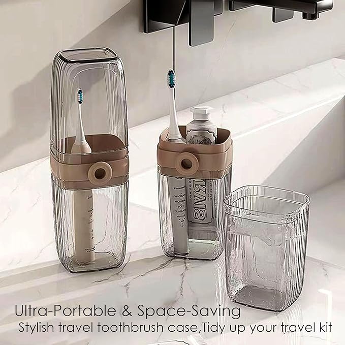 Toothbrush Travel Case, 2 in 1 Portable Travel Toothbrush Holder with Mouthwash Cups, Leakproof Travel Toothbrush and Toothpaste Container for Traveling Camping Dorm Office Business Trip