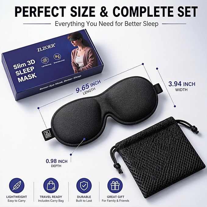 Ultra-Thin 3D Sleep Mask for Side & Back Sleepers, 100% Light Blocking Eye Mask for Sleep, Zero Pressure, Soft & Breathable Night Blindfold for Men & Women, Travel & Plane (Black)