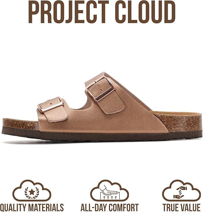 Project Cloud 100% Genuine Leather Flat Sandals For Women 2026 Cork Footbed Womens Sandals with Memory Foam and arch support Vacation Essentials Slides for Women Footwear (Venita)