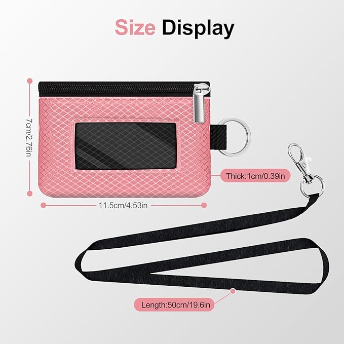 Minimalist RFID Blocking Small Wallet with ID Window,WaterResistant Zip Id Case Wallet with Lanyard Keychain for Cards,Cash,Travel,Women,Men (Pink/Black)