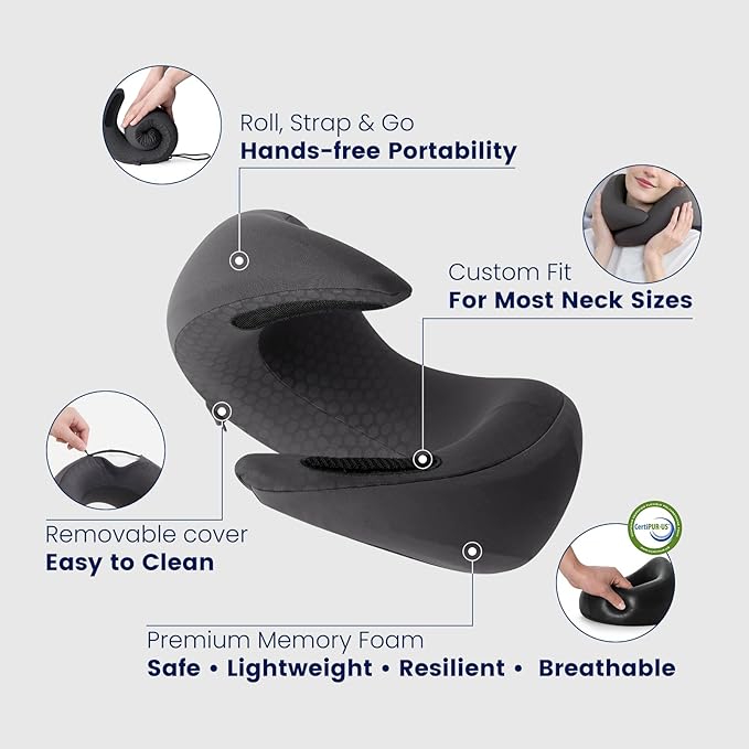 Dream Valley® Neck Travel Pillow, Memory Foam Travel Pillow for Airplane, Portable Roll-Up Neck Pillow with Cooling Inner Fabric, 360° Ergonomic Support, No Head Bobbing, Travel Bag Included