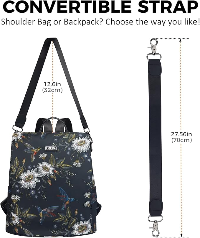 Fmeida Backpack Purse for Women Travel Anti-Theft Backpack Convertible Nylon Daypack with Hidden Back Zipper Opening Hummingbird