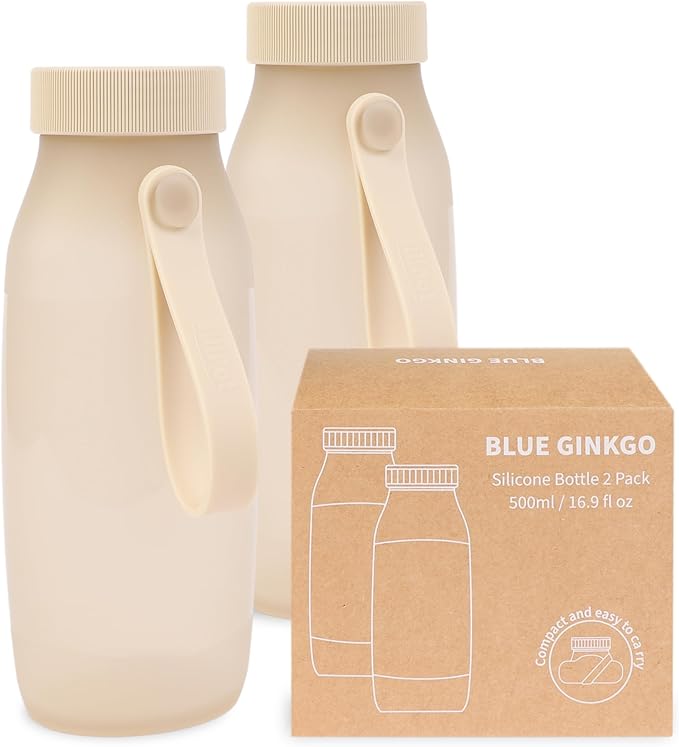 BLUE GINKGO Collapsible Water Bottle [2-Pack] – Lightweight, Foldable Silicone Bottles for Travel, Hiking, and Camping (16.9oz, Made in Korea, Sand Beige)
