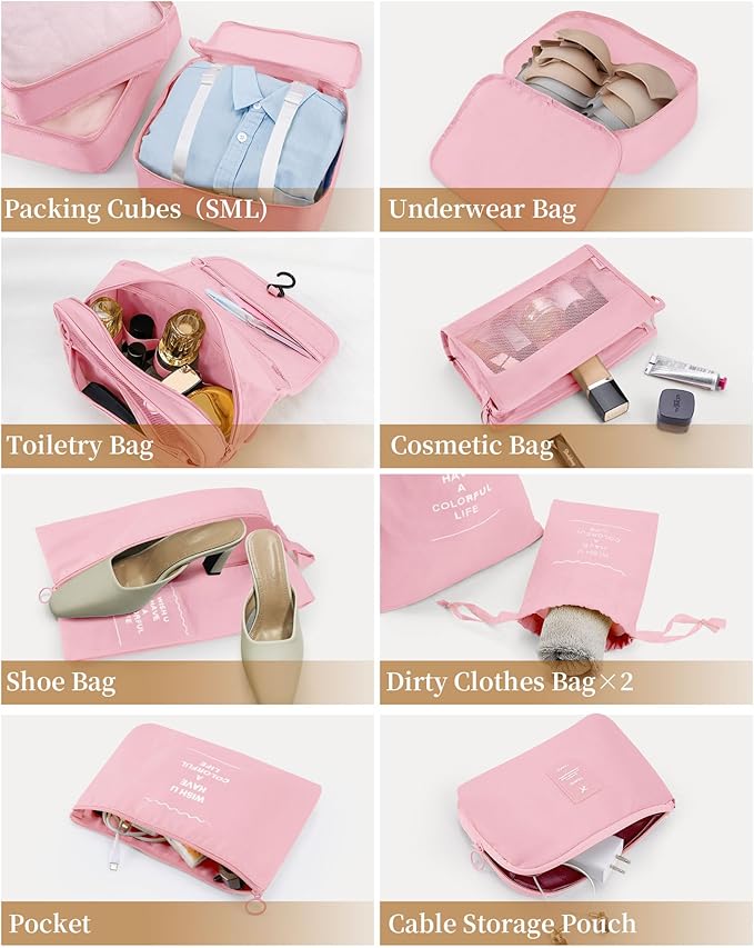 Anjing Packing Cubes for Suitcase 11PCS Luggage Packing Organizers Travel Essentials Luggage Organizer Hooked Toiletry Bag Cosmetic Bag and Shoes Bag, Pink