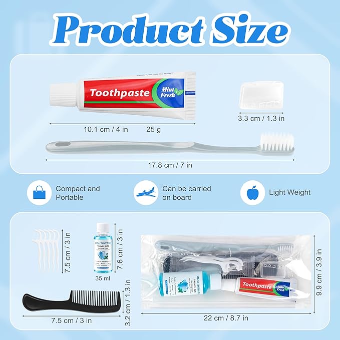 Travel Toothbrush Kit Bulk, Hygiene Kit Bulk with Toothbrush Toothpaste Set, Floss Picks, Comb, Travel Mouthwash, Toothbrush Cover, Individually Packaged, for Travel, Hotels (4-Pack)