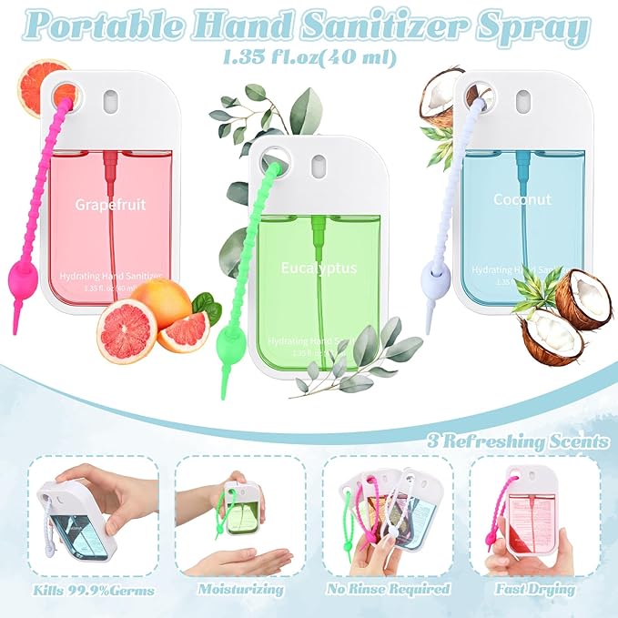3 Pcs Hydrating Hand Sanitizer Spray 1.35 oz Scented Hand Sanitizer with Keychain Pocket Power Mist Travel Size Moisturizing Sanitizing for Adults Backpack Office Thank You Gifts for Teachers