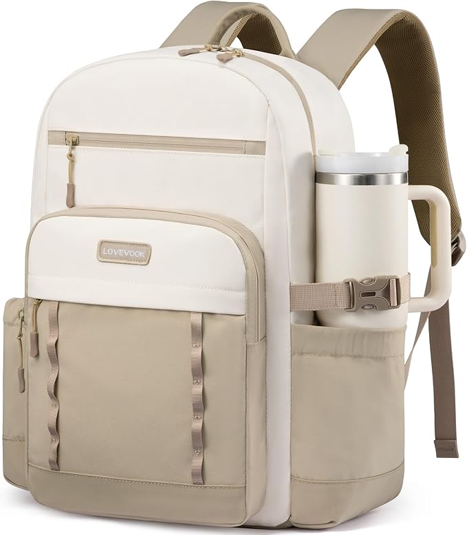 LOVEVOOK Laptop Backpack for Women with Stanley Cup Holder,17 Inch DIY Design Travel Work Backpack Computer Laptop Bag,Waterproof Nurse Teacher College Backpack Purse,Gifts for Women Men,Beige-Khaki