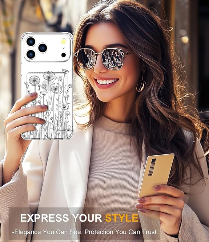 Compatible with iPhone 17 Pro Case Card Holder for Women Cute Design,Wallet Phone Cases Transparent Cool Kawaii Protective (Clear Black Flower Bouquet)