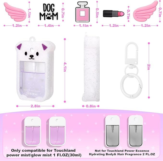 Juome Silicone Case for Touchland Hand Sanitizer Spray with Keychain & Charms, Dog Protective Holder Compatible with Touchland Power Mist & Glow Mist 1 FL Oz/30ML, Travel Cover Sleeve Accessory- Bling