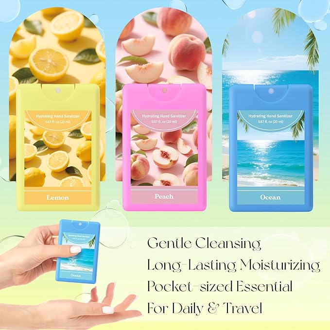 Set of 3 Power Mist Hydrating Hand Sanitizer Spray Bulk Travel Size Refreshing Hand Sanitizer 0.67 Fl. oz Compact Card Spray Bottle Peach Lemon Ocean Scent for Summer Party Favors Family Gifts