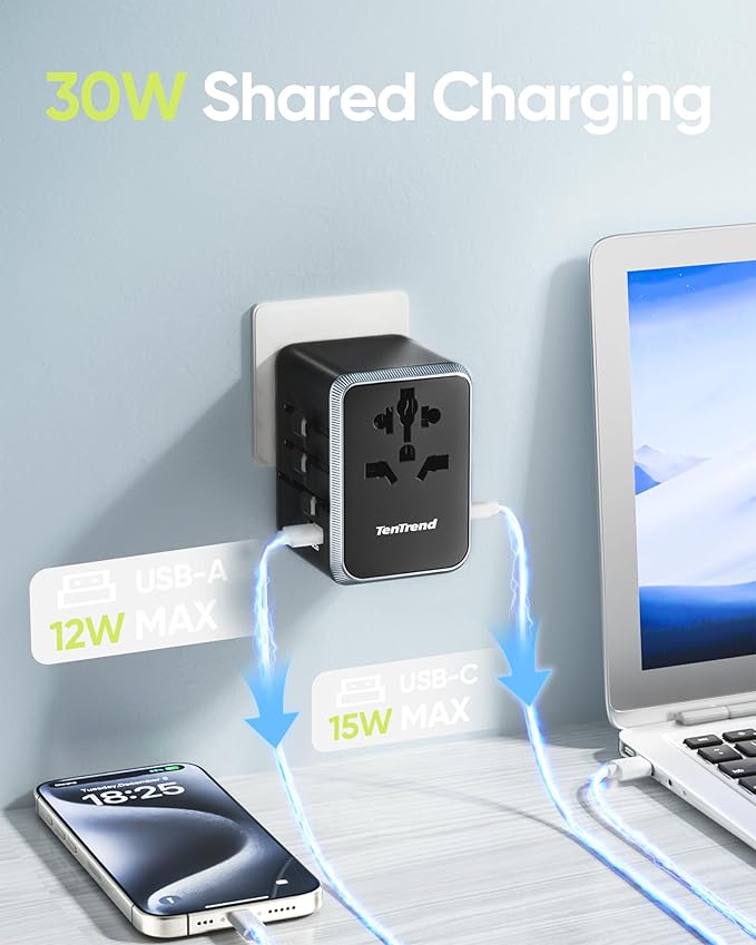 TenTrend Universal Travel Adapter, 30W International Power Adapter with 4 USB-C & 1 USB-A Ports, European Travel Plug Adapter, Worldwide Travel Essentials for EU UK AUS USA