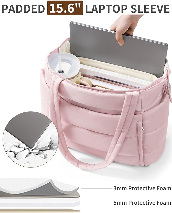 Bagstellar Puffer Tote Bag for Women, Lightweight Puffy Work Handbag Teacher Nurse Quilted Shoulder Bag for School Travel Gym | Cloud Bag w/ Zipper, Daily College Bags, 15.6" Computer Bag, Clinical Nursing Bag, 40 OZ Tumbler Holder, Ideal Gift for Women