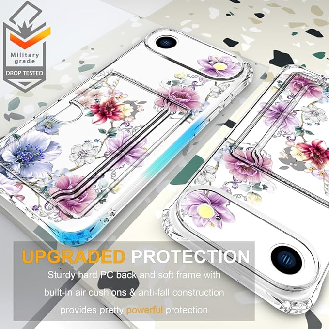 Compatible with iPhone 17 Air Case Card Holder for Women Cute Design,Wallet Phone Cases Transparent Cool Kawaii Protective (Clear Wonderful Large Flowers)
