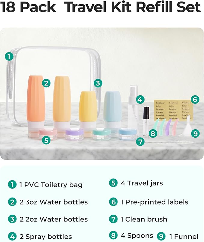 BAGSMART 18 Pack TSA Approved Travel Bottles for Toiletries, Leak Proof Silicone Travel Size Containers Bottles for Shampoo, Macaron