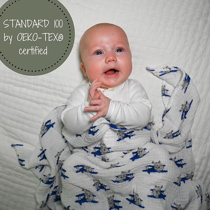 LollyBanks Muslin Swaddle Blanket, 100% Muslin Cotton Baby Blankets for Boys, 47 X 47 Inches Baby Boy Swaddles, Breathable and Lightweight Infant Blanket, Newborn Essential, Registry (Airplane Print)