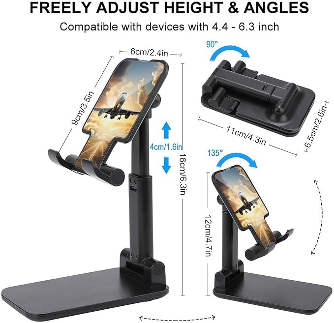 Adjustable Cell Phone Stand for Desk Foldable Mobile Airplane Phone Holder Cradle Dock Fit 4.0-8.0 Inch Smartphones Portable Travel Essentials Office Desktop Accessories Decor