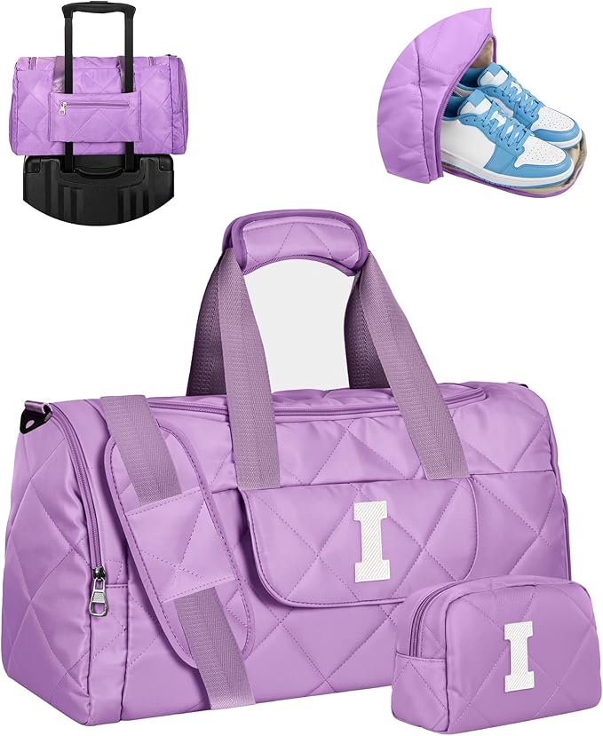 Elilier Travel Duffel Bags, Personalized Gifts for Her, Quilted Puffer Duffel Bag for Women Teen Girls, Carry on Bag with Trolley Sleeve, Travel Bag with Toiletry Bag, Travel Essentials