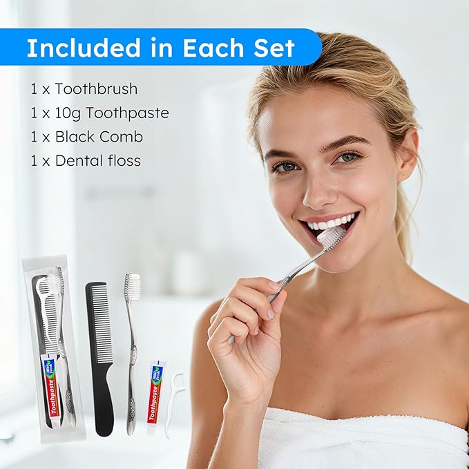 Travel Toothbrushes with Toothpaste, Disposable Toothbrushes, Hygiene Kits in Bulk with Floss Picks, Combs, Individually Packaged, Suitable for Home, Travel, and Hotels (50-Pack)