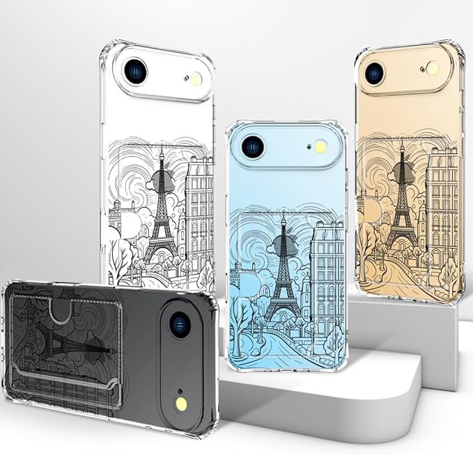 Compatible with iPhone 17 Air Case Card Holder for Women Cute Design,Wallet Phone Cases Transparent Cool Kawaii Protective (Clear Paris City Eiffel Tower)