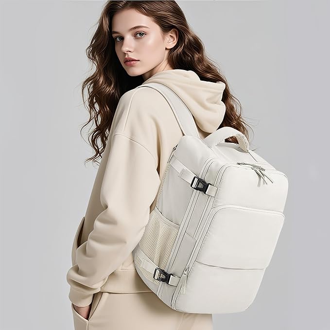 Sinaliy Travel Backpack, Carry on Flight Approved Backpack with Multi-Pockets, TSA Waterproof 17.3inch Laptop Backpack, Personal Item Travel Bag for Men Women, Beige