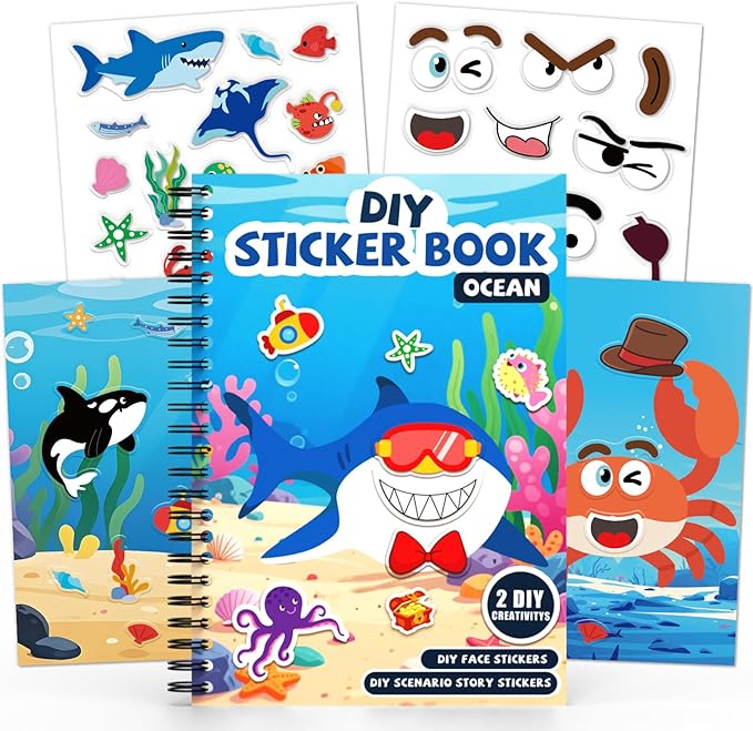 Ocean Reusable Sticker Book for Toddlers, DIY Make-a-face Animals Jelly Fun 3D Stickers, Washable Puffy Stickers for Kids Toys, Airplane Road Trip Travel Activities Essentials for Kids 3 4 5 Years