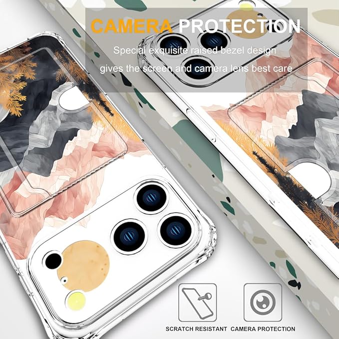 Compatible with iPhone 17 Pro Max Case Card Holder for Women Cute Design,Wallet Phone Cases Transparent Cool Kawaii Protective (Clear Mountain Hill Landscape)
