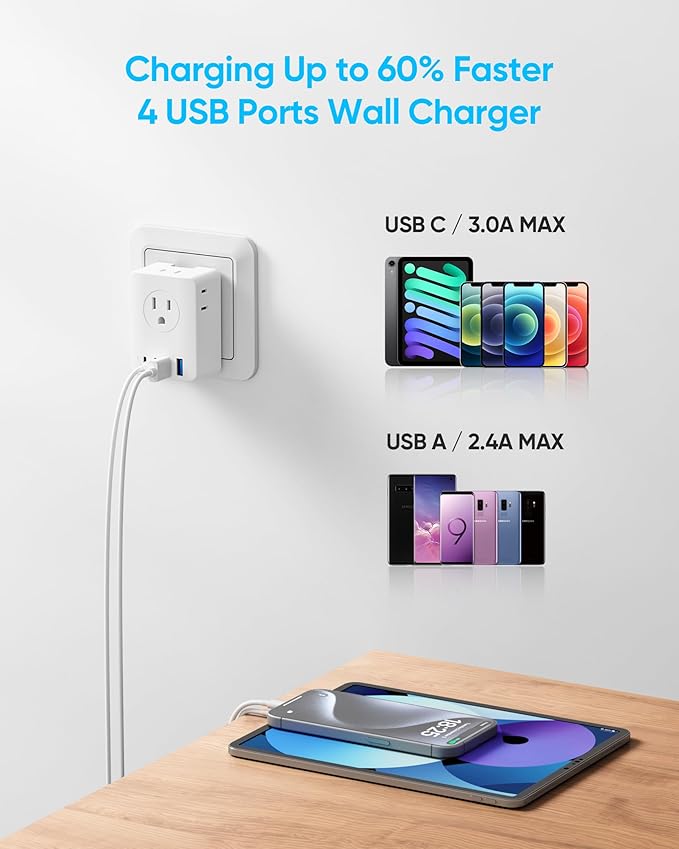 Kakyanill European Travel Plug Adapter, Detachable Adapter Type C/G/E/F Plug, 4 AC Outlets, 4 USB Ports (2 USB C), EU UK Germay France Greece Travel Plug Adapter