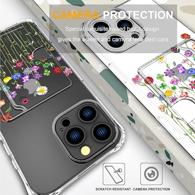 Compatible with iPhone 16 Pro Case Card Holder for Women Cute Design,Wallet Phone Cases Transparent Cool Kawaii Protective (Clear Flower Floral Bouquet)