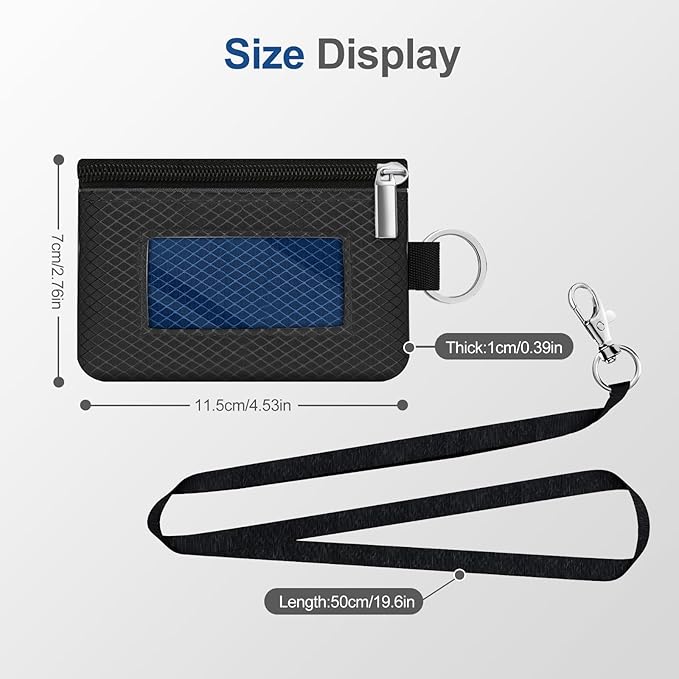 Minimalist RFID Blocking Small Wallet with ID Window,WaterResistant Zip Id Case Wallet with Lanyard Keychain for Cards,Cash,Travel,Women,Men (Black/Electric Blue)