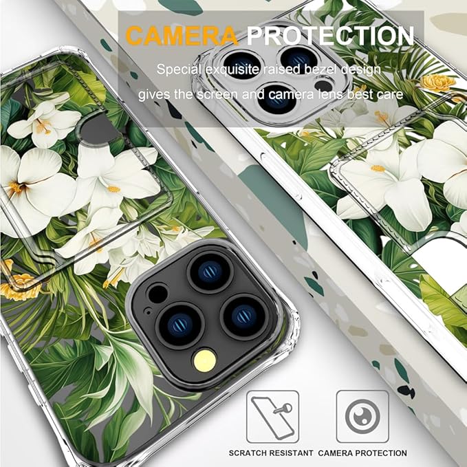 Compatible with iPhone 16 Pro Case Card Holder for Women Cute Design,Wallet Phone Cases Transparent Cool Kawaii Protective (Clear Green Flowers Tropical Jungle)