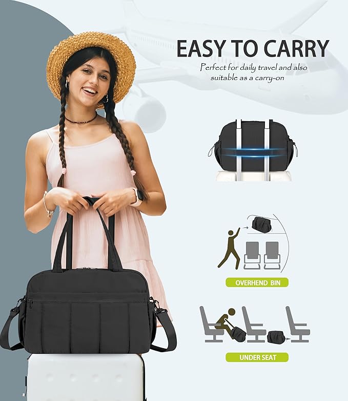 Lightweight Travel Duffle Bag for Women, Quilted Puffy Weekender with Wet Pocket for Gym, Overnight, Personal Item Carry On, Black
