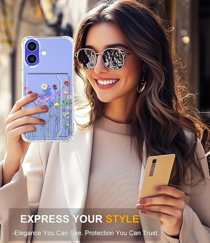 Compatible with iPhone 17 Case Card Holder for Women Cute Design,Wallet Phone Cases Transparent Cool Kawaii Protective (Clear Flower Floral Bouquet)