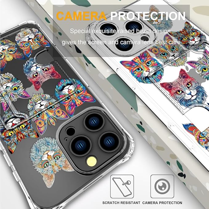 Compatible with iPhone 16 Pro Case Card Holder for Women Cute Design,Wallet Phone Cases Transparent Cool Kawaii Protective (Clear Tattoo Cats Animal)