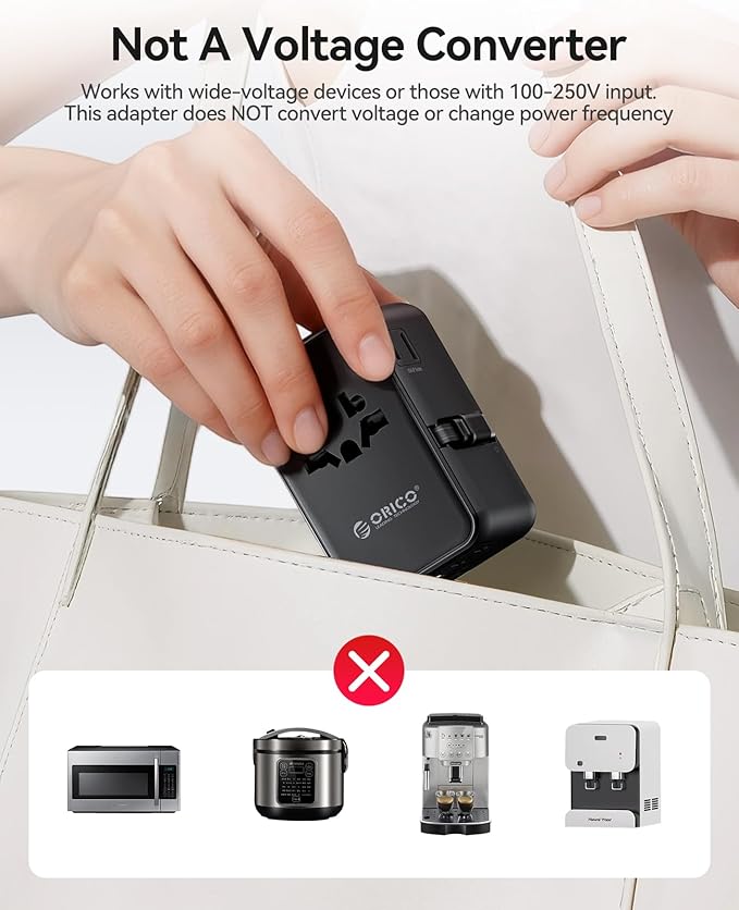 ORICO 100W Universal Travel Adapter with 2 AC Outlets and 3 USB-C and 2 USB-A Ports, Built-in Retractable USB-C Cable, Type A, C, G, I Outlets, International Travel Adapter for Global Travel