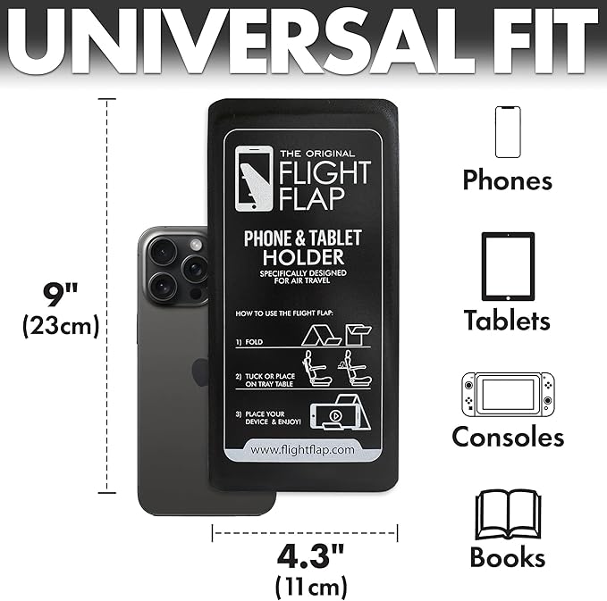 Flight Flap Airplane Phone Holder, Flexible Cell Phone Holder, Folding Cellphone Stand for Desk, Bed, Office, Treadmill - Airplane Gadgets for Long Travel Accessories - Plane Essentials (Black)