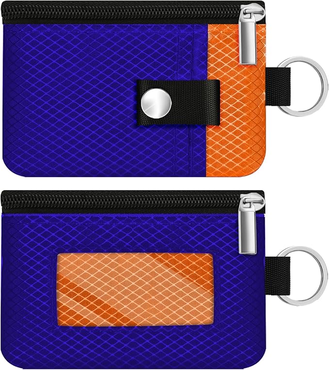 Minimalist RFID Blocking Small Wallet with ID Window,WaterResistant Zip Id Case Wallet with Lanyard Keychain for Cards,Cash,Travel,Women,Men (Sapphire Blue/Orange)