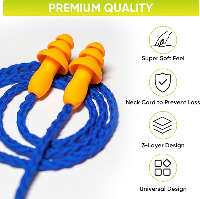 TICONN 100 Pairs Reusable Silicone Ear Plugs for Sleeping Noise Cancelling, Individually Wrapped 25dB NRR Corded Earplugs for Study Concentration Travel (100 Pairs)