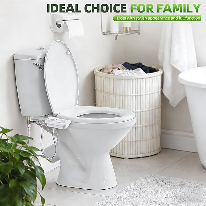 SAMODRA Bidet Attachment, Non-Electric Cold Water Bidet Toilet Seat Attachment with Pressure Controls, Retractable Self-Cleaning Dual Nozzles for Frontal & Rear Wash - White