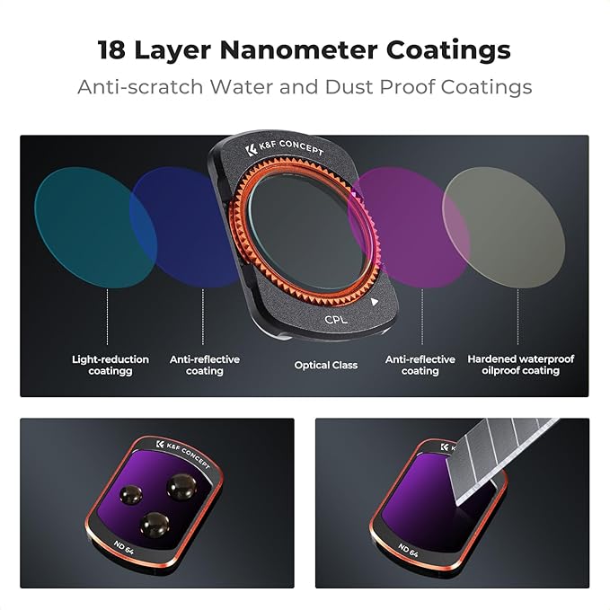 K&F CONCEPT K-Series CPL ND Filter Kit Compatible with DJI OSMO Pocket 4/3 Creator Combo Accessories, CPL ND16 ND64 ND256 Magnetic Action Camera Neutral Density Polarising Filters HD Optical Glass