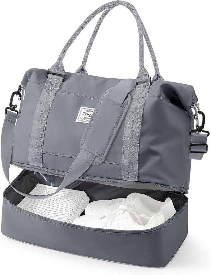 Travel Duffel Bag, 18x14x8 Inches Travel Bag Spirit with Shoes Compartment, Weekender Overnight Bag for Women with Trolley Sleeve, Carry On Bag for Airplanes Sport Tote Gym Bag SlateGrey