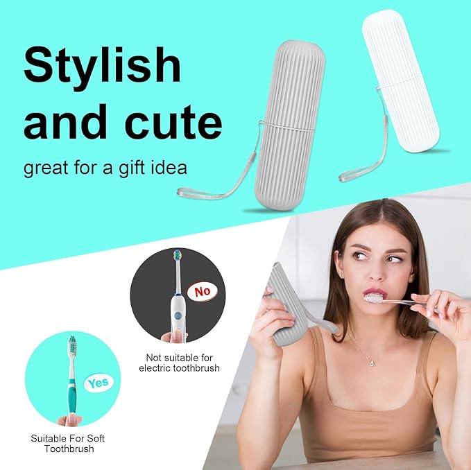UCEC Toothbrush Case for Traveling, Portable Toothbrush Holders Travel Case, 7.7" x 2.36" x 2.36" Toothbrush Holders for Soft Toothbrush Up To 7.4 inch, 2 Pack (Grey, White)