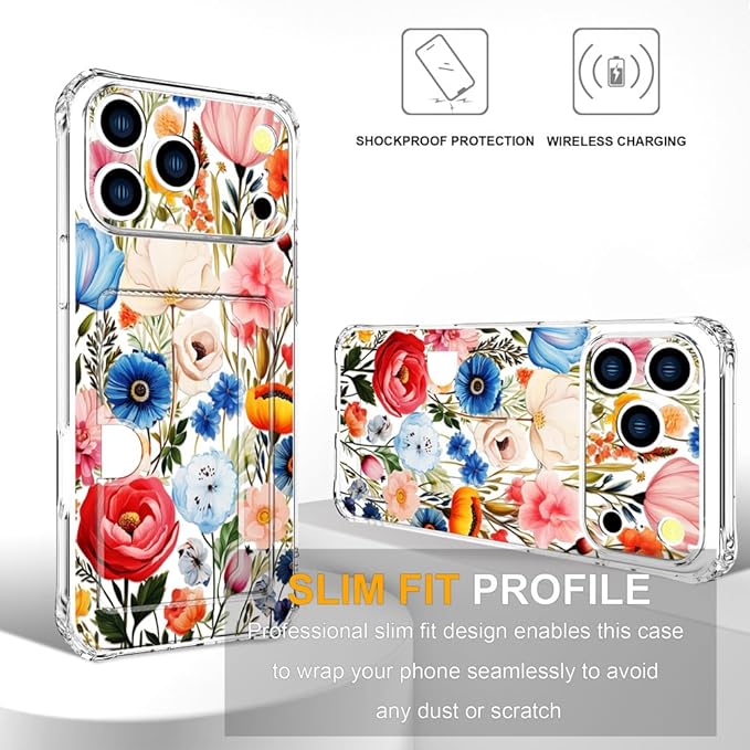 Compatible with iPhone 17 Pro Case Card Holder for Women Cute Design,Wallet Phone Cases Transparent Cool Kawaii Protective (Clear Flower Art Rose Peony)