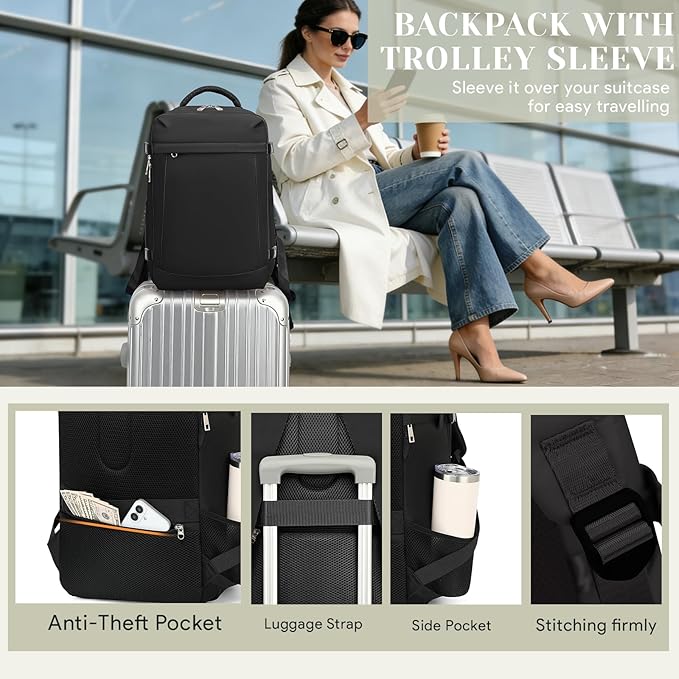 Travel Backpack, Carry On Backpack Personal Item Travel Bag, Backpack for Women and Men, 18x14x8 inches Airline Approved Travel Bag 30L, Water Resistant Casual Backpack Fits 15.6''Laptop, Black